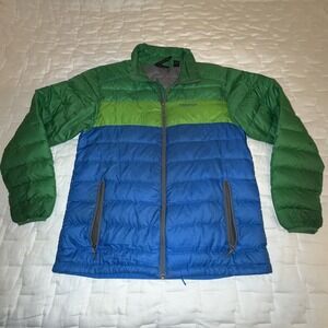 Vintage Marmot 800 Fill Down Puffer Jacket Green Blue Color Block Mens XL Worn